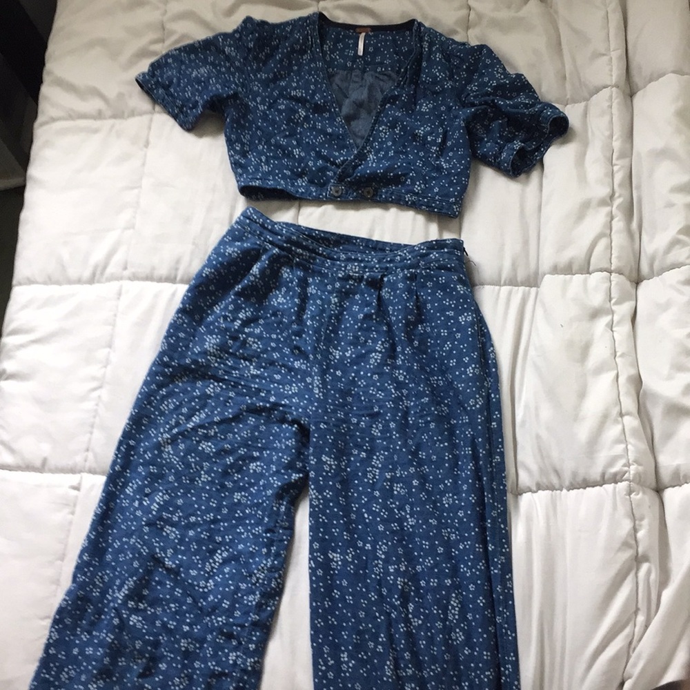 Free People Blue Flare Pants + Cropped Top Set